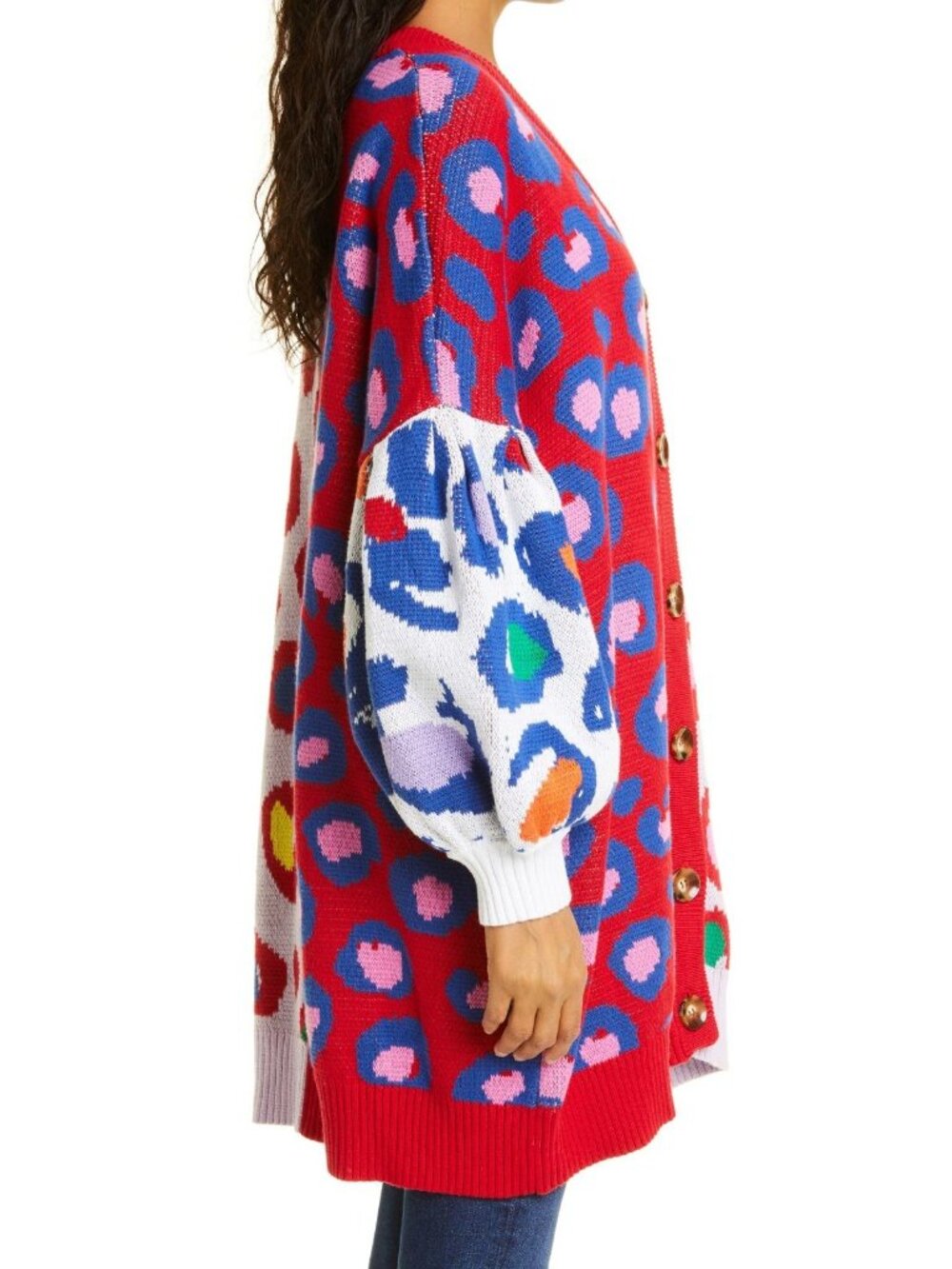 Farm RIO Leopard Pop Cotton Cardigan Sweater S Oversize Baggy Relaxed Multicolor - Picture 11 of 13